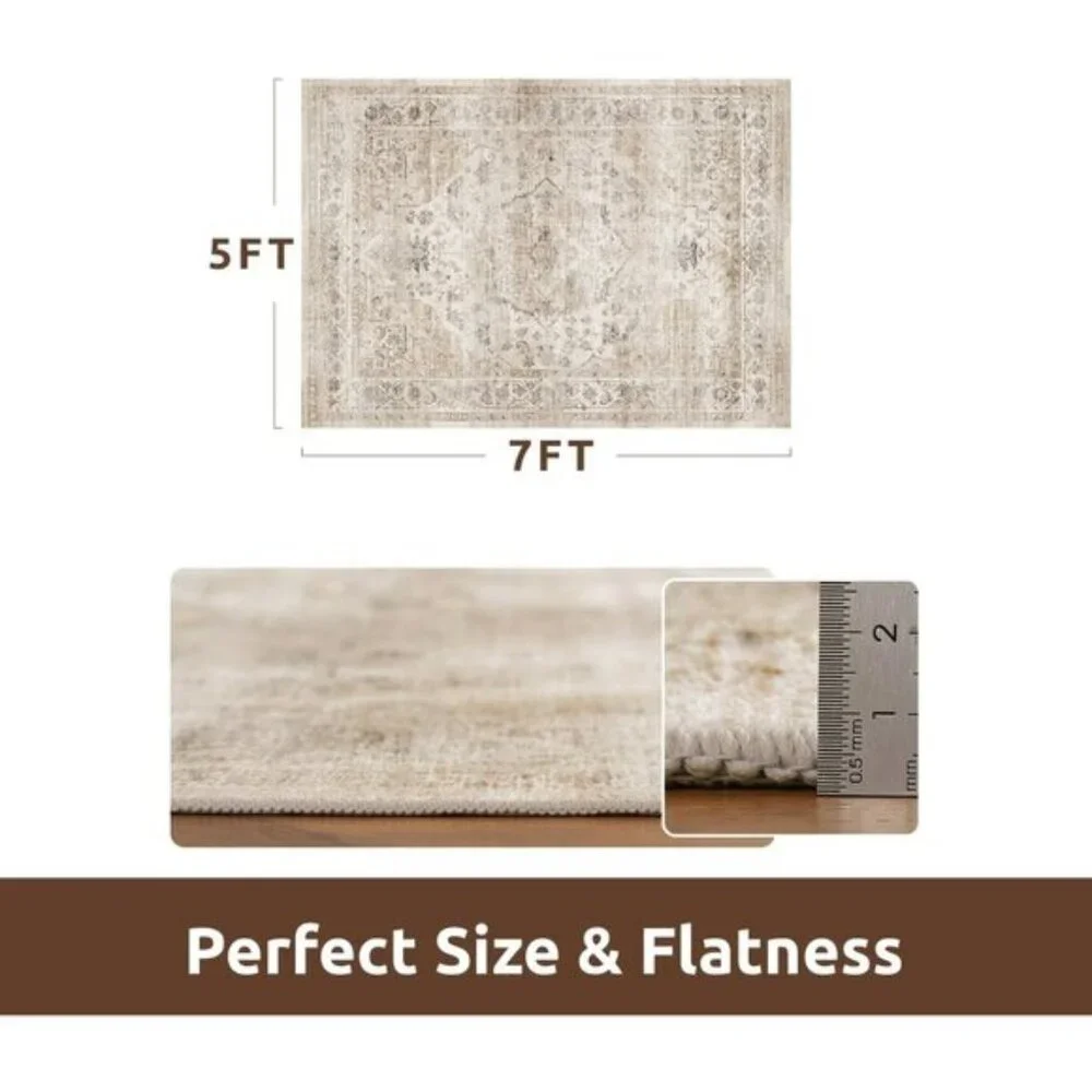 5x7 Beige Vintage Rug, Soft, Non-Slip, Washable Carpet for Home, Room & Office
